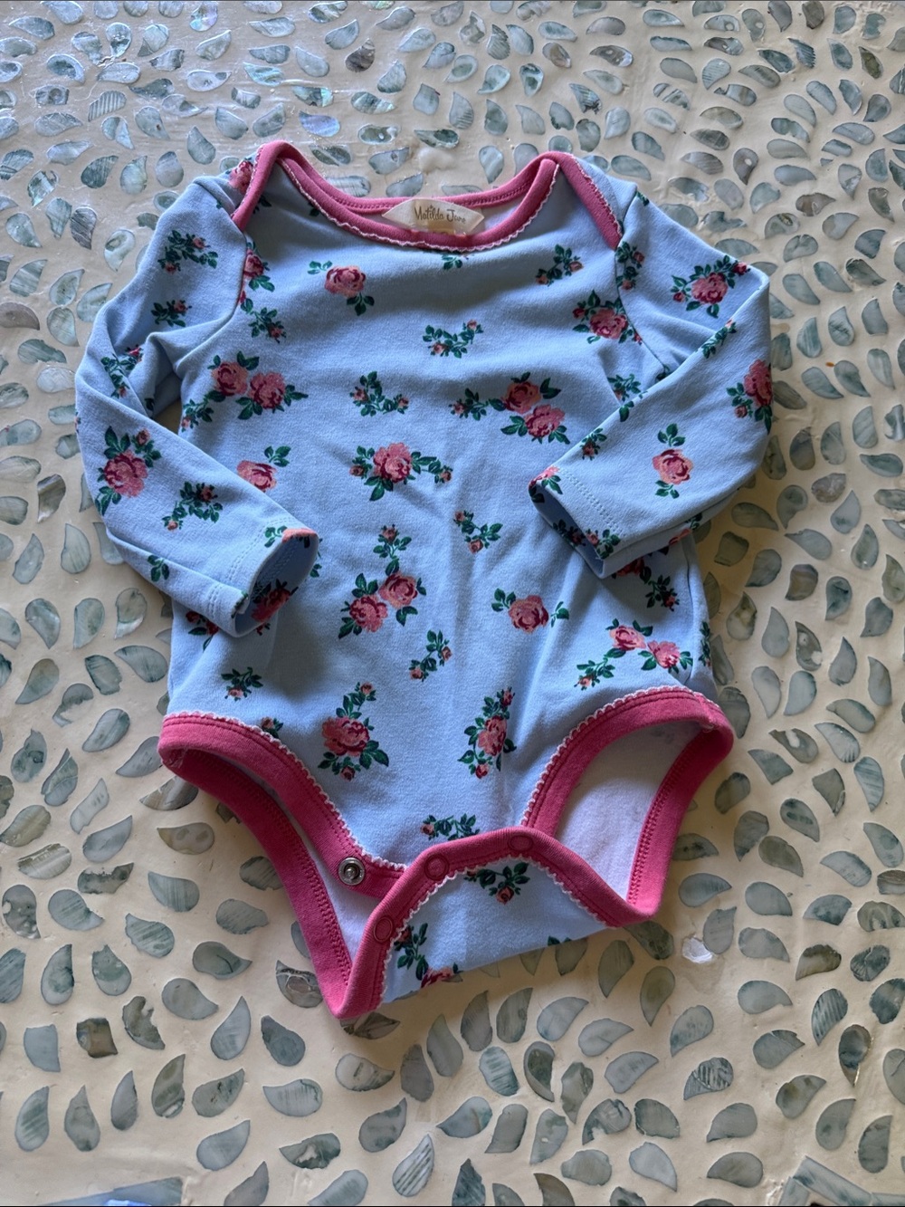 Matilda Jane Light Blue Floral Long-Sleeve Bodysuit with Pink Trim